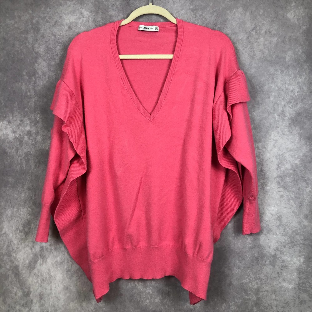 Zara Knit Pink Ruffled Sweater Pullover Soft Cozy Top Oversized Size‎ Small